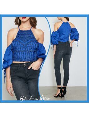 Size: Large Chic Royal Blue Boho Crochet Front Cold Shoulder Crop Top